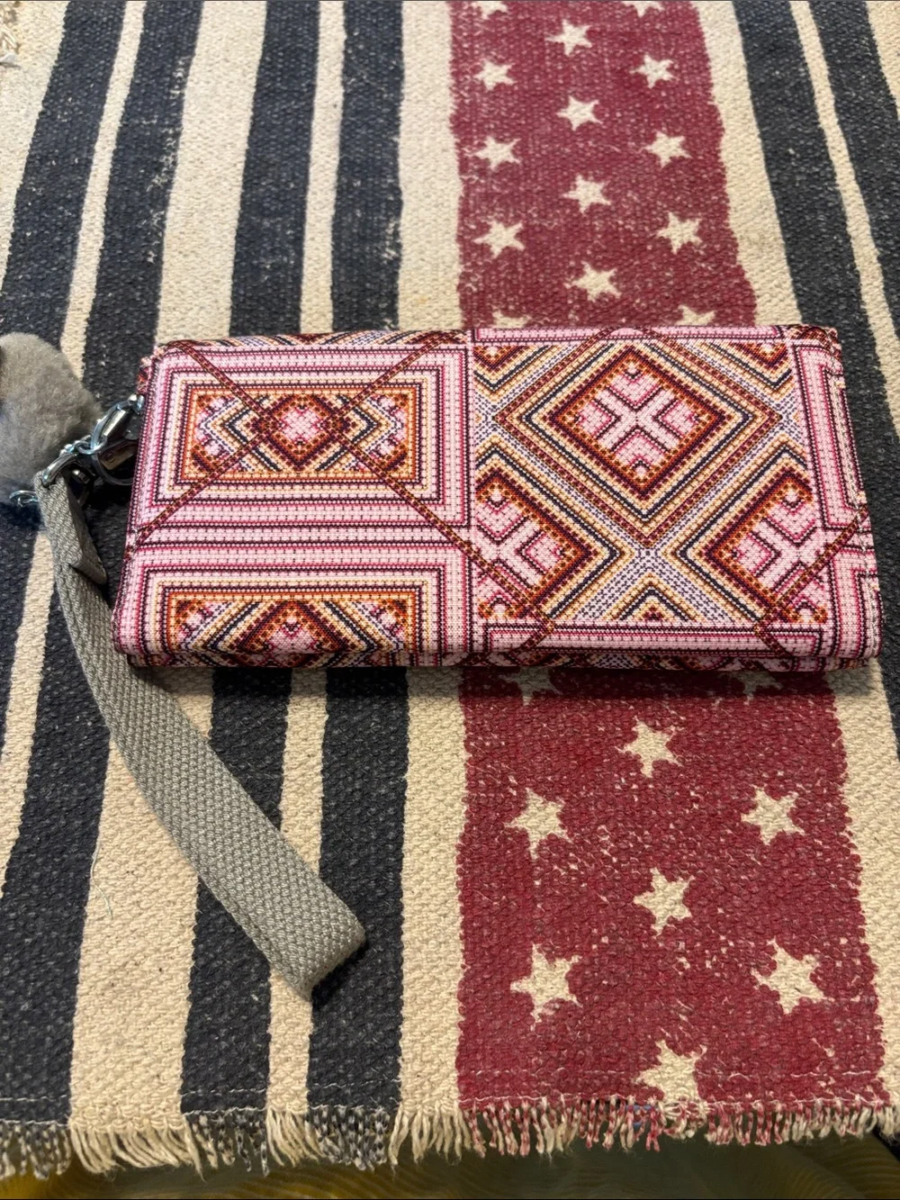 Kipling Pink and Orange Geometric Wristlet Wallet with Monkey Charm